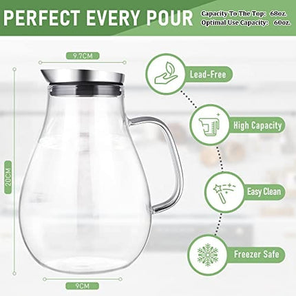 SUSTEAS 2 Liter Glass Pitcher, Water Pitcher with Removable Lid And Wide Handle, Easy Clean Juice Jug for Fridge, Beverage Carafe for Cold/Hot Water, Iced Tea, 1 Free Long-Handled Brush Included