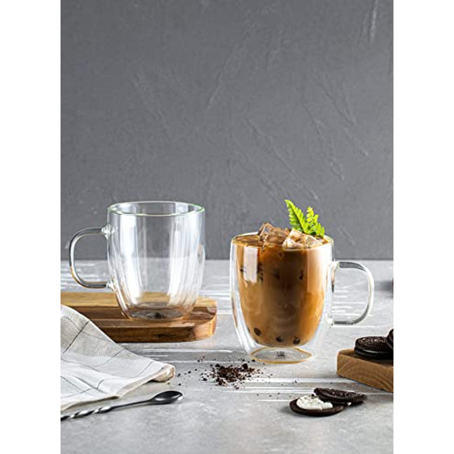 Sweese Double Wall Glass Coffee Mugs - 12.5 oz Insulated Espresso Cups Set of 2, Perfect for Cappuccino, Latte, Americano, Tea Bag, Beverage (413.101)