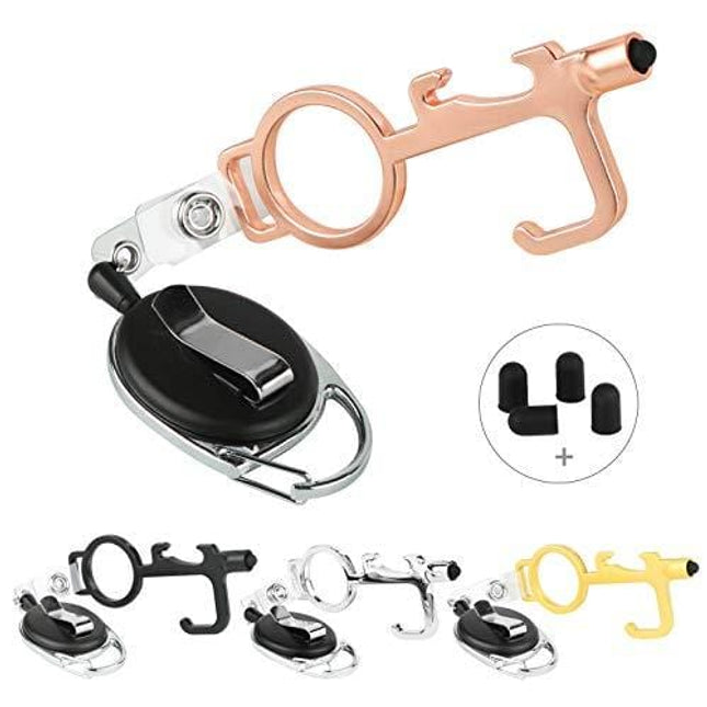 No Touch Door Opener Tool Kit (4 sets) Multifunctional Clean Key with Stylus Pad and Badge Reels Retractable, Safe Touch Tools Serves as Bottle Opener, No Touch Hand Tools for Outdoor