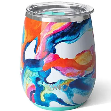 Swig Life 14oz Insulated Wine Tumbler with Lid | 40+ Pattern Options | Dishwasher Safe, Holds 2 Glasses, Stainless Steel Outdoor Wine Glass (Color Swirl)
