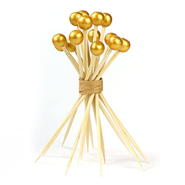 100 Counts Bamboo Cocktail Picks, 4.7 Inch Handmade Wooden Fruit Sticks Cocktail Skewers, Cocktail Sticks for Appetizer Drinks Fruits Sandwich Party Decorative Food Picks- Matte Gold Pearl