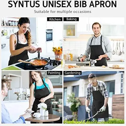 Syntus 100% Cotton Adjustable Bib 2 Pockets Cooking Kitchen Aprons, BBQ Drawing, Women Men Chef, Black