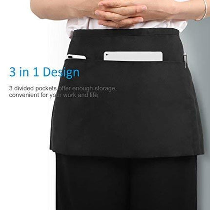 Syntus 12 Pack 3 Pockets Waterdrop Resistant Waitress Waist Apron, 11.5-inch Black