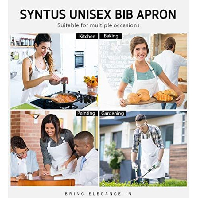 Syntus 2 Pack Adjustable Bib Apron Waterdrop Resistant with 2 Pockets Cooking Kitchen Aprons for BBQ Drawing, Women Men Chef, White