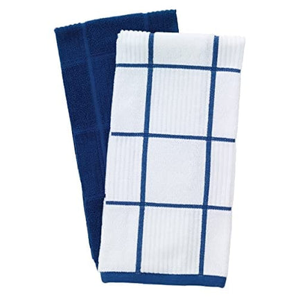 T-Fal Textiles 60918 2-Pack Solid & Check Parquet Design 100-Percent Cotton Kitchen Dish Towel, Blue, Solid/Check-2 Pack, 2 Count