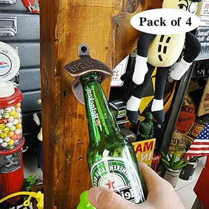 4 Pcs Bottle Opener Wall Mounted, Antique Metal Beer Bottle Top Openers Hardware With Mount Screws Set, Outdoor, Rustic, Cabinet, Bar (Vintage-Red bronze)