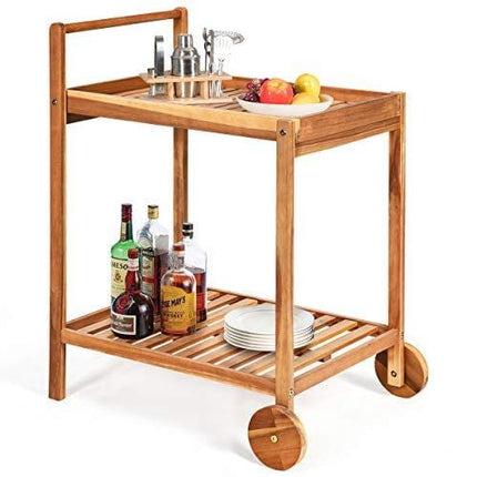 Tangkula Outdoor Acacia Wood Serving Cart, Patio Bar Cart Rolling Trolley Cart with 2 Trays, Portable Kitchen Serving Cart w/Wheels, Ideal for Business, Dining Room, Garden, Patio (Teak)