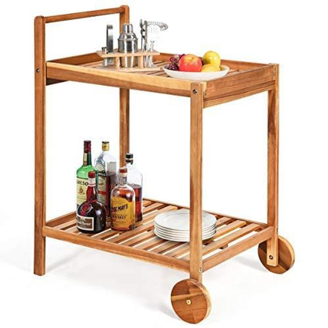 Tangkula Outdoor Acacia Wood Serving Cart, Patio Bar Cart Rolling Trolley Cart with 2 Trays, Portable Kitchen Serving Cart w/Wheels, Ideal for Business, Dining Room, Garden, Patio (Teak)