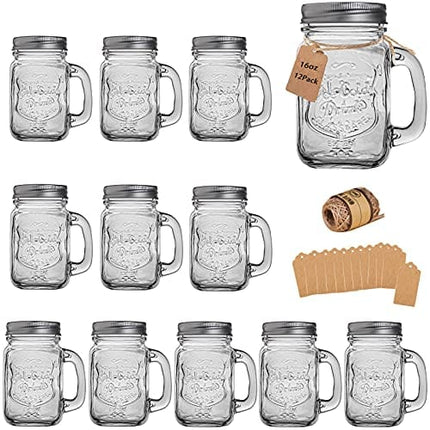 Mason Jar Cups, Mason Jars With Handle And Lids, Mason Jar Drinking Glasses, Glass Mason Jar Mugs 16 oz –12 Pack
