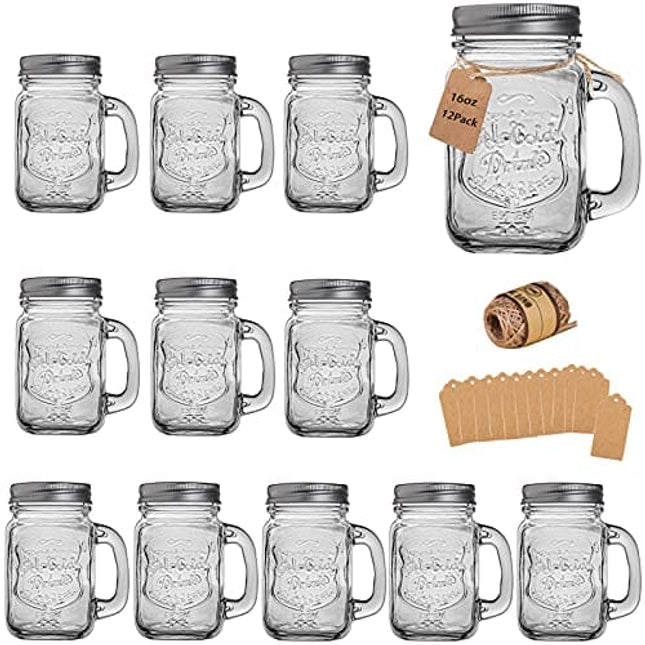 Mason Jar Cups, Mason Jars With Handle And Lids, Mason Jar Drinking Glasses, Glass Mason Jar Mugs 16 oz –12 Pack