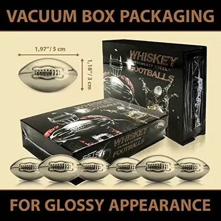 Whisky Stones Stainless Steel Footballs Set of 6 in a Luxury Box. Reusable Chilling Rocks Stone Ice Cubes Beer, Wine Chillers. Cool Birthday Gift Sets for Him Man Father's day Dad or Rugby Sports Fan.