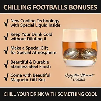 Whisky Stones Stainless Steel Footballs Set of 6 in a Luxury Box. Reusable Chilling Rocks Stone Ice Cubes Beer, Wine Chillers. Cool Birthday Gift Sets for Him Man Father's day Dad or Rugby Sports Fan.