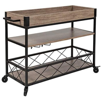 Taylor + Logan Distressed Wood Kitchen Bar Cart with Storage Rack and Shelf, Light Oak