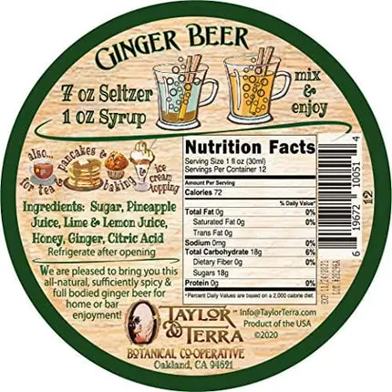 Ginger Beer Soda Syrup by Taylor & Terra- A robust and spicy real ginger, honey & pineapple blend. (12 fl oz, Glass Bottle) (Classic Ginger, 12 fl oz)