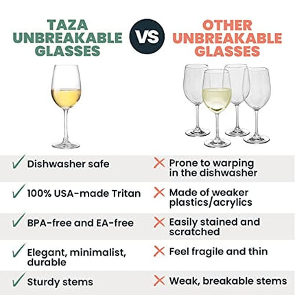 Outdoor Plastic Wine Glasses With Stem (12oz) | Unbreakable Tritan Stemware by TaZa | For Travel, Pool, Camping, Beach, Picnic, Everyday Use | Dishwasher Safe | Set of 4