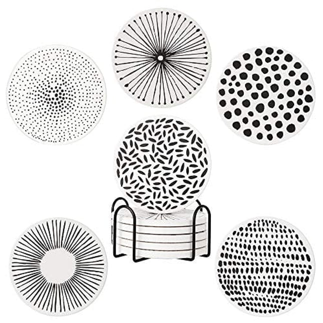 Absorbent Coasters for Drinks with Holder Set of 6, Ceramic Stones with Mix Patterns Suitable for House Decor, Living Room, Outdoor Coasters, Birthday, Housewarming by TDTOK