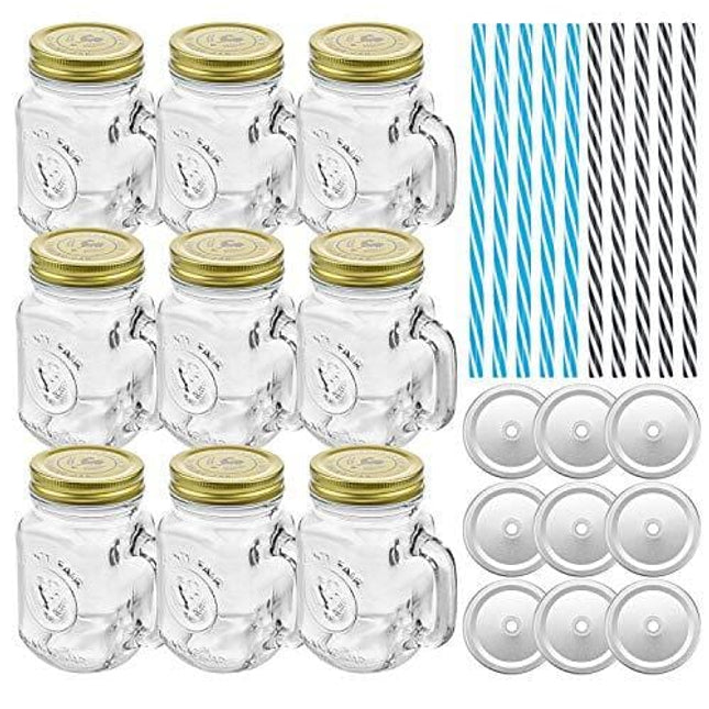 Tebery 9 Pack Old Fashioned Drinking Glass County Fair Glass Drinking Jars 16oz Mason Mugs with Handle and Straws