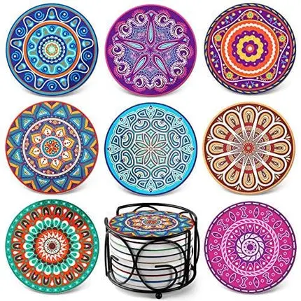 Teivio Absorbing Stone Mandala Coasters for Drinks Cork Base, with Holder, for Friends, Men, Women, Funny Birthday Housewarming, Apartment Kitchen Room Bar Decor, Suitable for Wooden Table, Set of 8