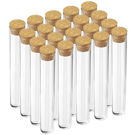 Temedon 20pcs Glass Test Tubes, 25×200mm(80ml) Round Bottom Test Tubes with Cork Stoppers for Bath Salts, Candy Storage, Plant Propagation