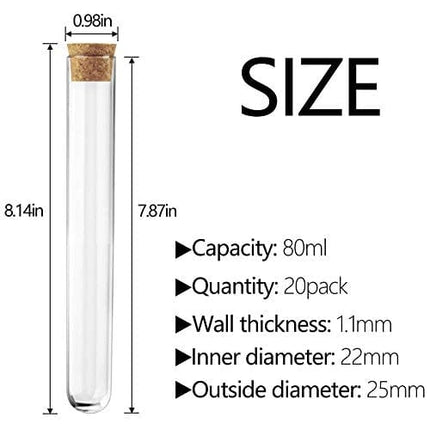 Temedon 20pcs Glass Test Tubes, 25×200mm(80ml) Round Bottom Test Tubes with Cork Stoppers for Bath Salts, Candy Storage, Plant Propagation