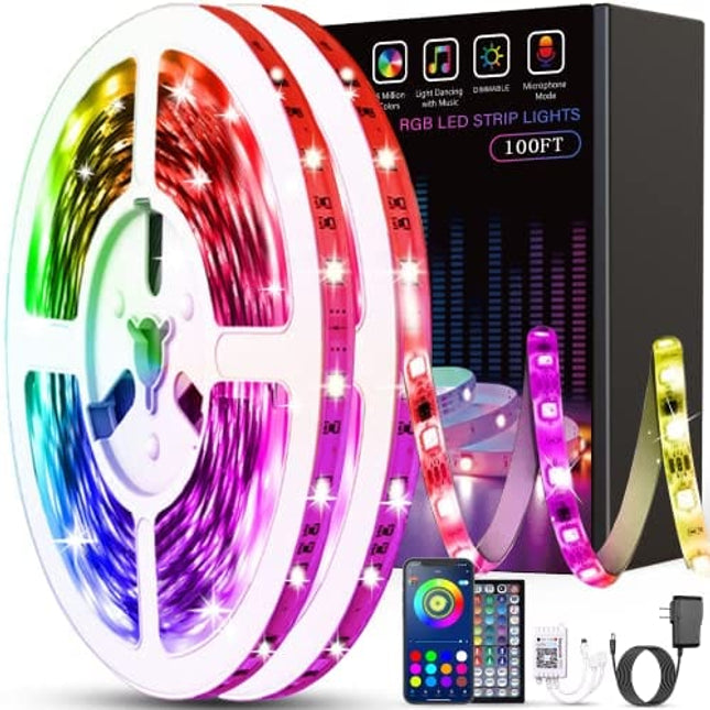 Tenmiro Led Lights for Bedroom 100ft (2 Rolls of 50ft) Music Sync Color Changing LED Strip Lights with Remote and App Control 5050 RGB LED Strip, LED Lights for Room Home Party Decoration