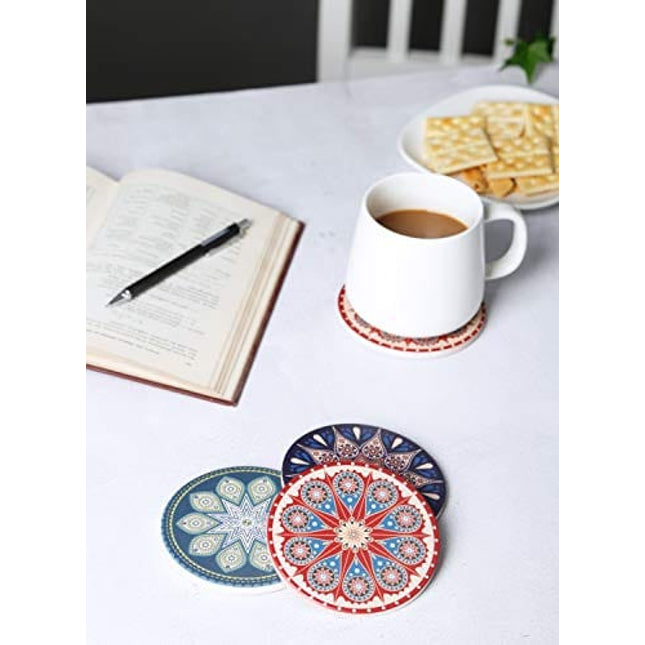 Drink Coasters with Thin Cork Bottom - Set of 6 Moisture Absorbing Stone Coasters - 4 inch Large Table Scratch or Stain Protection for Cup or Glasses