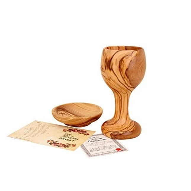 Communion cups - The Lord's Supper - Olive Wood Wine Goblet - Chalice (6 Inches Large) with Olive Wood Bread Tray .