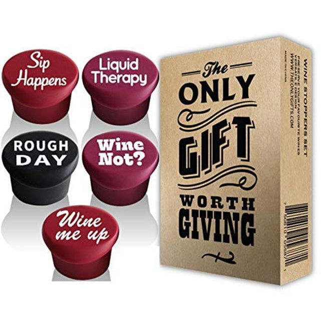 VINAKAS 5 Wine Stoppers + Gift Box - Perfect as Wine Accessories or Wine Gifts for Women - Set of 5 Funny Silicone Wine Bottle Stopper - This Wine Stopper set works excellent.