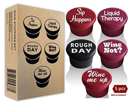 VINAKAS 5 Wine Stoppers + Gift Box - Perfect as Wine Accessories or Wine Gifts for Women - Set of 5 Funny Silicone Wine Bottle Stopper - This Wine Stopper set works excellent.