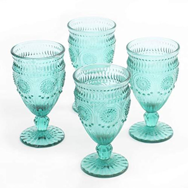 The Pioneer Woman Adeline Embossed 12-Ounce Footed Glass Goblets, Set of 4 (Turquoise) (PACK OF 2)
