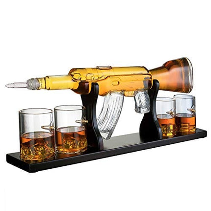 Gun Large Decanter Set Bullet Glasses - Limited Edition Elegant Rifle Gun Whiskey Decanter 22.5" 1000ml With 4 Bullet Whiskey Glasses and Mohogany Wooden Base By The Wine Savant