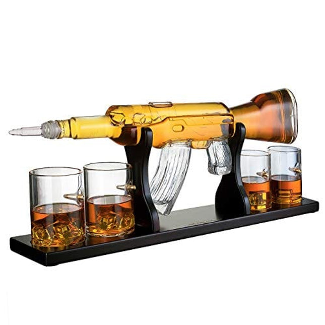 Gun Large Decanter Set Bullet Glasses - Limited Edition Elegant Rifle Gun Whiskey Decanter 22.5" 1000ml With 4 Bullet Whiskey Glasses and Mohogany Wooden Base By The Wine Savant