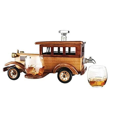 Old Fashioned Car Whiskey Decanter Set, Very Large 15" x 13" x 7" 750ml Decanter Spigot, and 2-10oz Whiskey Tumbler Old Fashion Glasses, Old Fashioned Vintage Car, Limited Edition, Great Bar Gift!