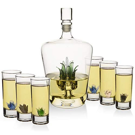 Tequila Decanter Tequila Glasses Set with Agave Decanter and 6 Agave Sipping Shot Glass, Perfect for Gifts for Tequila Lovers, 25 Ounce Bottle, 3 Ounce Tequila Party Decorations Cinco De Mayo (Agave)
