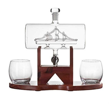 Whiskey Decanter Set, 1250ml Ship Whiskey Decanter with 2 Whiskey Glasses and Beautiful Stand Gift for Dad, Husband or Boyfriend by The Wine Savant
