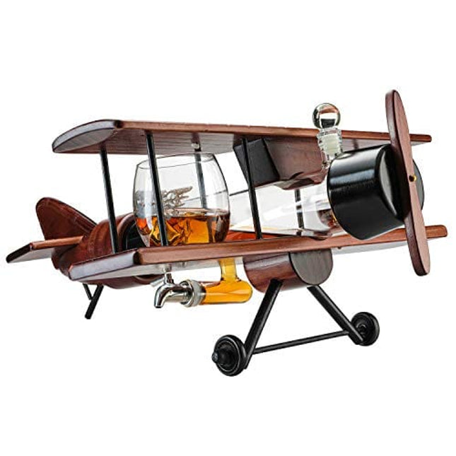 Whiskey & Wine Decanter Airplane Set and Glasses Antique Wood Airplane - The Wine Savant Whiskey Gift Set and 2 Airplane Glasses, Pilot Gift Moving Parts- Alcohol Related Gift, BAR DECOR Large 21"