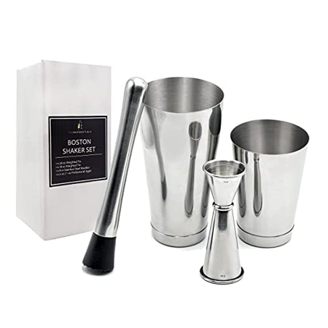 TheBarsentials Boston Shaker Set for Cocktails with 28oz and 18oz Weighted Tins, Professional Muddler and Jigger - Stainless Steel Bar Tools (4pc set)