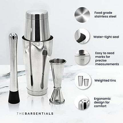 TheBarsentials Boston Shaker Set for Cocktails with 28oz and 18oz Weighted Tins, Professional Muddler and Jigger - Stainless Steel Bar Tools (4pc set)