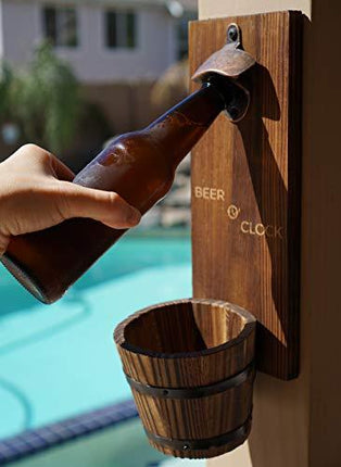 Thirsty Solutions - “Beer O’ Clock” Rustic Wall Mounted Bottle Opener and Catcher - Dark Stain Pine with Zinc Alloy Opener - Removable Wooden Bucket - Man (or Woman) Cave Ready