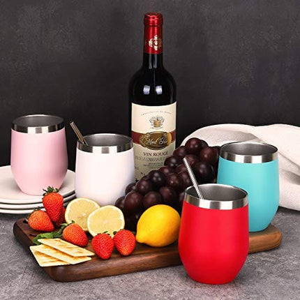THLEITE 6 pack 12 oz Stainless Steel Stemless Wine Glass Tumbler, Double Wall Vacuum Insulated Wine Tumbler with Lids, Gift Pack for Coffee, Wine, Cocktails, Including 6 Straws & 6 Brushes