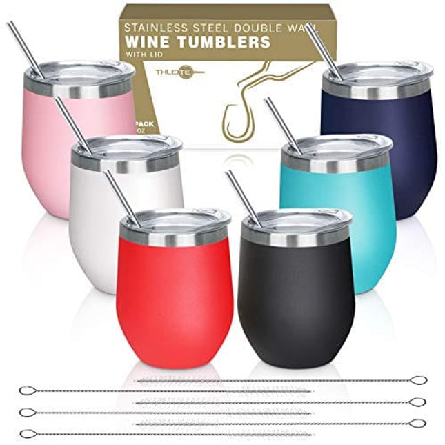 THLEITE 6 pack 12 oz Stainless Steel Stemless Wine Glass Tumbler, Double Wall Vacuum Insulated Wine Tumbler with Lids, Gift Pack for Coffee, Wine, Cocktails, Including 6 Straws & 6 Brushes