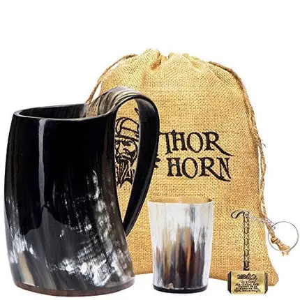 Thor Horn Drinking Horn Mug for Men and Women - Genuine Handcrafted Viking Horn Cup for Mead, Ale and Beer - Original Medieval 15-20 Oz Stein Mug with Burlap Sack (Wooden Base)