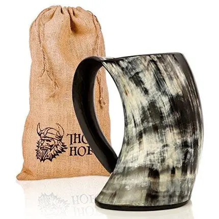 Thor Horn Drinking Horn Mug with Acrylic Base - Genuine Handcrafted Viking Horn Cup for Mead, Ale and Beer - Original Medieval Stein Mug with Burlap Sack