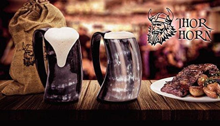Thor Horn Drinking Horn Mug with Acrylic Base - Genuine Handcrafted Viking Horn Cup for Mead, Ale and Beer - Original Medieval Stein Mug with Burlap Sack