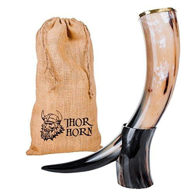 Thor Horn Large Viking Drinking Horn with Stand - Genuine Handcrafted Viking Horn Cup for Mead, Ale and Beer - Original Medieval 20 oz Mug and Burlap Gift Sack (Horn Stand)