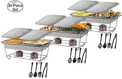 Tiger Chef Chafing Dish Buffet Set Disposable - Full Size Disposable Wire Chafer Stand Kit - 30-Piece Catering Set for Parties Includes Chafer Pans Disposable Serving Utensils
