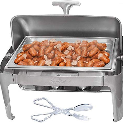 Tiger Chef Chafing Dish Buffet Set - Stainless Steel Chafer - Roll-Top Chaffing Dishes 8 Quart and Plastic Salad Tong - Chafer and Buffet Warmer Set