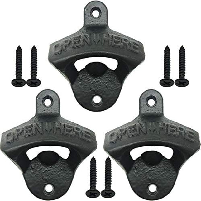 3PCS Cast Iron Wall Mounted Bottle Opener Vintage Beer Bottle Opener Suitable for Bars KTV Hotels Homes (Black)