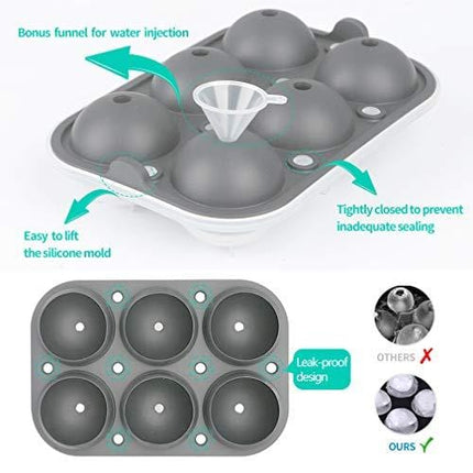 TINANA Ice Cube Tray, 2” Ice Cube Trays & 2” Ice Ball Mold, 2Pack Large Round Sphere Ice Ball Maker, Silicone Square Ice Cube Trays for Chilled Whiskey, Cocktails, Bourbon&Brandy(Gray)