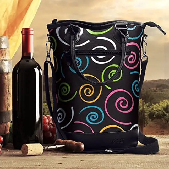 Tirrinia Insulated Wine Gift carrier Tote - Travel Padded 2 Bottle Wine/Champagne Cooler Bag with Handle and Adjustable Shoulder Strap, Great Wine Lover Gift, SPIRAL